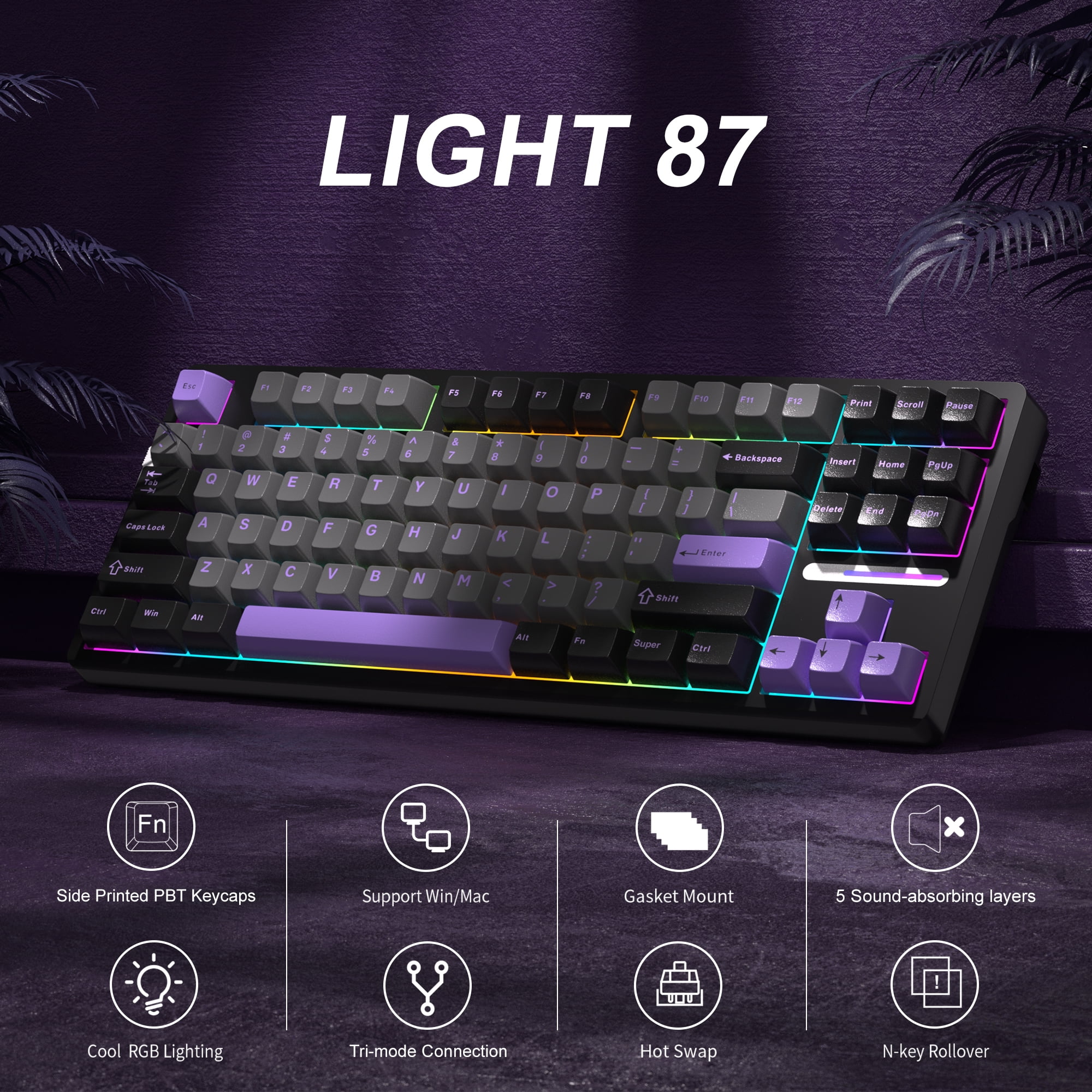MageGee LIGHT87 Wireless Creamy Keyboard, Gasket Structure, RGB Backlit, 2.4G/USB-C/BT5.0 Hot Swappable 8000mAh