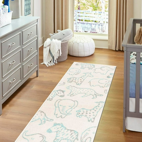 Unique Loom Whimsy Kids Collection Area Rug - Safari Animals (2' 2" x 6' Runner Ivory/Light Blue) Perfect For Kids Bed Room/Nursery Room/Living Room/Class Room/Play Room