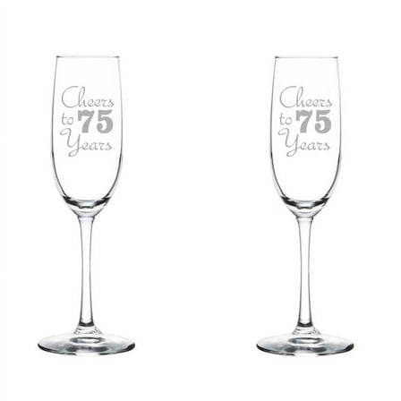 Set of 2 Glass Champagne Flutes Sparkling Wine Glasses Birthday Anniversary Cheers 75 Years (8 oz Stemmed)