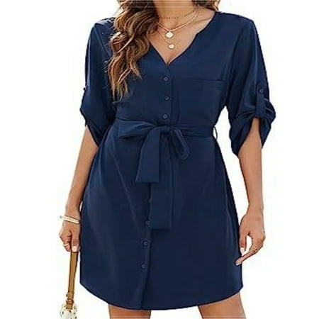 QUYUON T Shirt Dresses for Women 2023 Clearance Comfortable Casual Button Pocket Long Sleeve V-Neck Dress Formal Dresses Women Knee Length Ball Gown Dress Style D-15831 Dark Blue XL