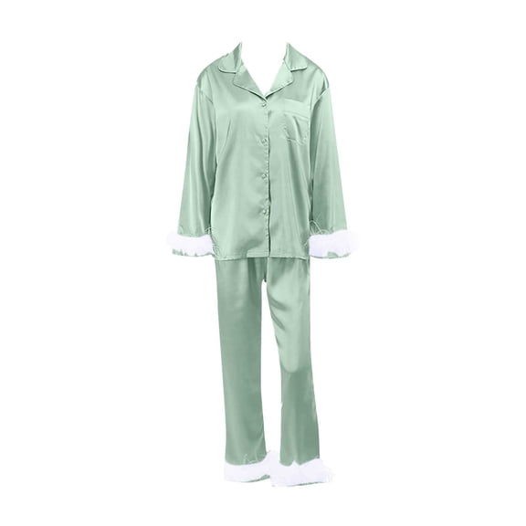 Green Silk Pajama Set for Womens 2 Piece Valentines Day Pajamas Long Sleeve Button-Down Lounge Set Outfits for Women