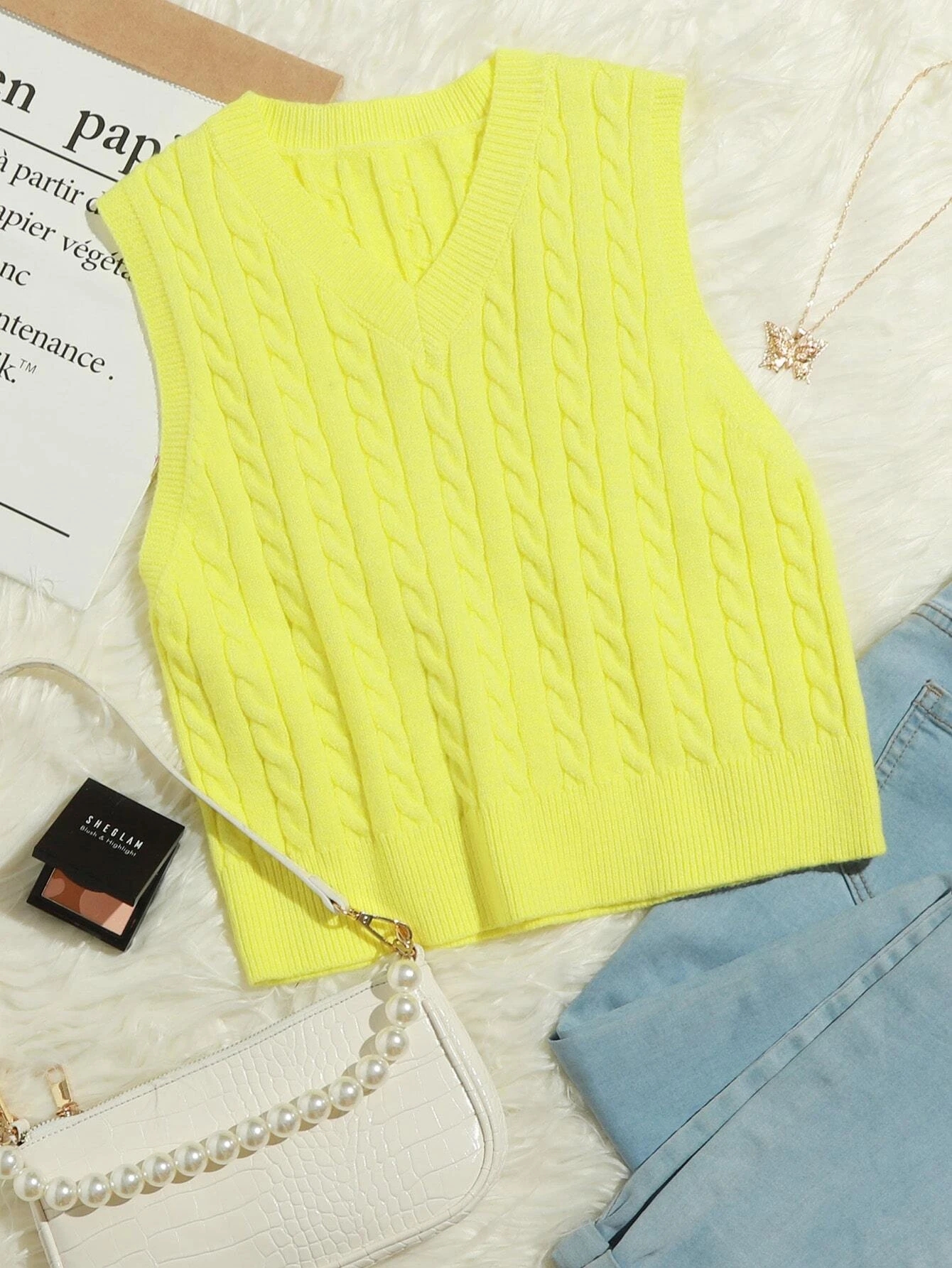 Hotian Women Cable Knit Sweater Vest V Neck Pullover Neon Yellow Xxxl, Women's, Size: 2XL