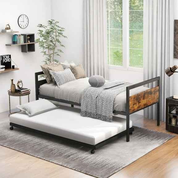 Giantex Twin Size Metal Daybed w/Trundle, Daybed Frame w/Wooden Headboards, Metal Sofa Bed Frame, No Box Spring Needed