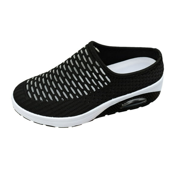 XEGLSBU Women's Mesh Stretch Knitted Air Cushion Mule Clogs Fashion Comfortable Closed Round Toe Breathable Slip On Wedge Orthopedic Mules Sneaker for Summer Casual Beach Walking Slippers