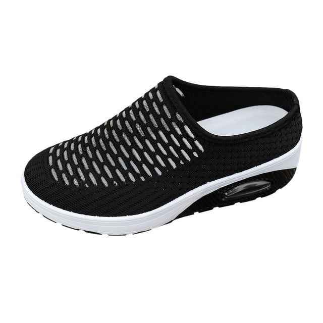 XEGLSBU Sabots Mule à Coussin d'Air en Maille Extensible Tricotée pour Femmes Mode Confortables Bout Rond Fermé Respirants à Enfiler à Talon Compensé Mules Orthopédiques Espadrilles pour l'Été Décontractées Plage Marche Pantoufles