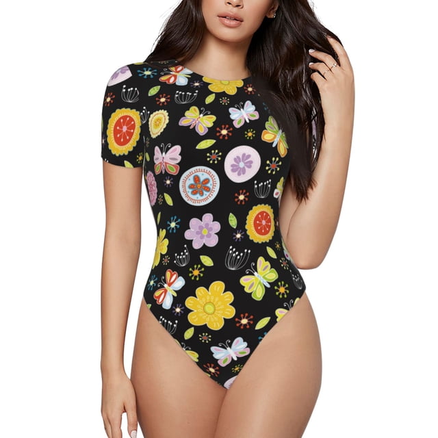 Saiise Combinaison à Manches Courtes pour Femmes à Motif de Fleurs et Papillons, Pyjama à Col Rond, Justaucorps Extensible avec Fermeture à Boutons-Pression - Petit