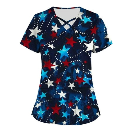 

Alrise USA Flag Tees Plus Size Independence Day Printed Scrub Working Uniform Tops For Women Cross V-Neck Short Sleeve Fun T-Shirts Workwear Tee With Pockets Blue Small