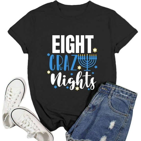 Hanukkah Shirt for Women Jewish Chanukah T-Shirt Eight Craz Lights Tee Happy Hanukkah Tops