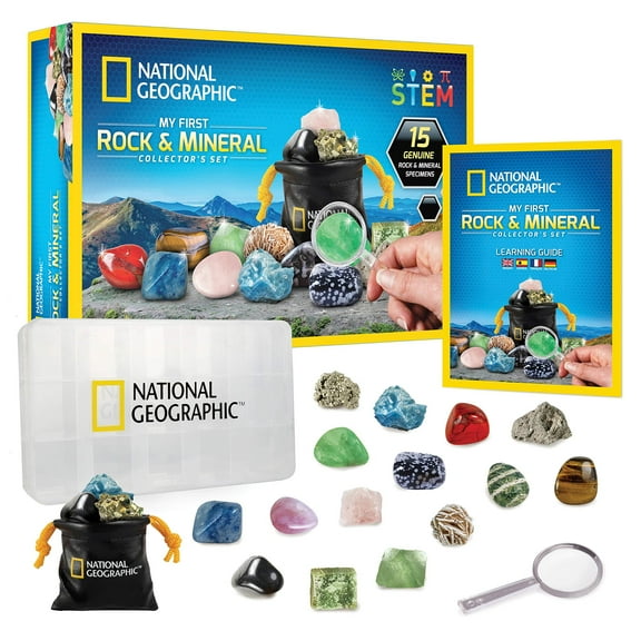 NATIONAL GEOGRAPHIC Rock & Mineral Collection - Rock Collection Box for Kids, 15 Rocks and Minerals, Desert Rose, Agate, Rose Quartz, Jasper, Tiger's Eye, Great STEM Science Kit for Bo