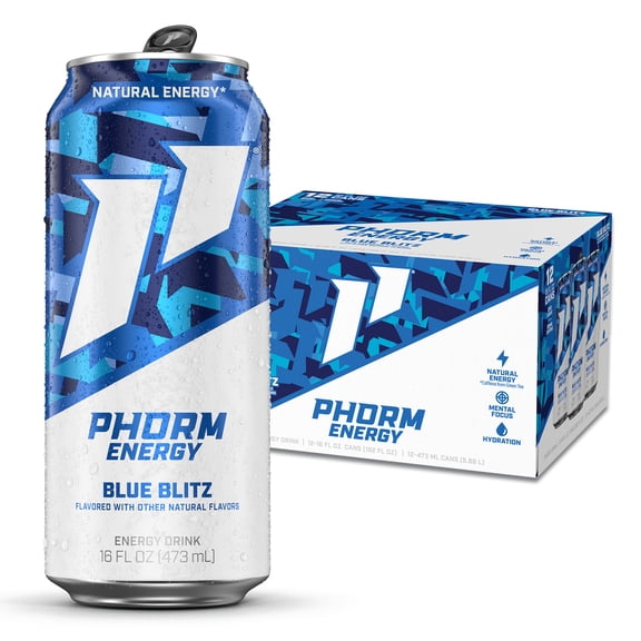 Phorm Sugar Free Energy Drink, Blue Blitz Raspberry Flavor, 16 fl oz Cans, 12 Pack, 200mg Caffeine
