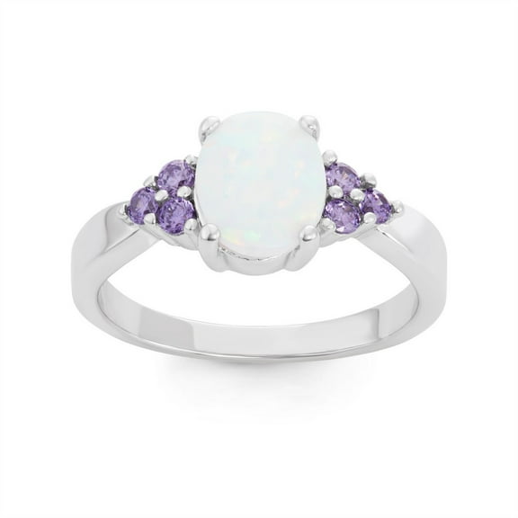 Daily Delight TheJewelryHut Designer Sterling Silver Oval White Inlay Opal with Amethyst CZ Sides Ring