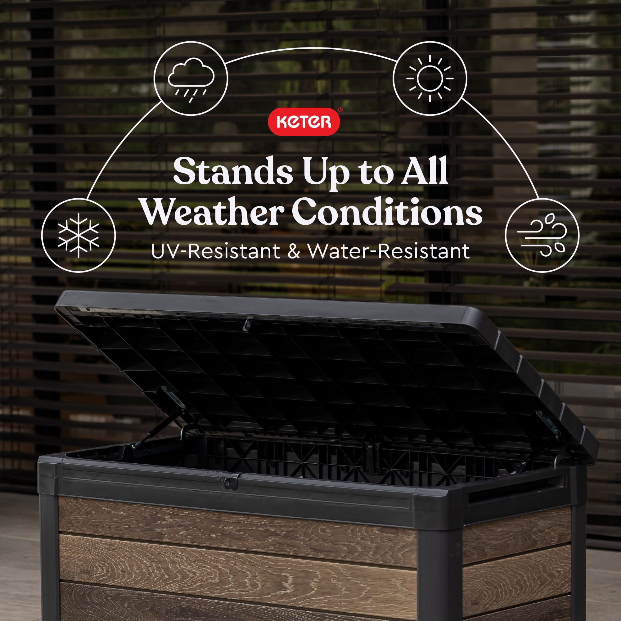 Keter Signature 100 Gallon Durable Resin Outdoor Deck Box Storage Organization, Walnut