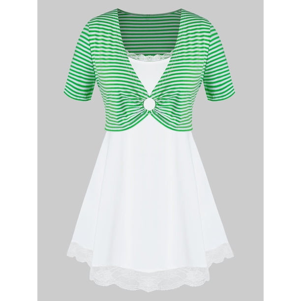 Tamaño más camiseta a rayas e Insertar Cami conjunto de encaje Rosegal Camisetas tallas grandes