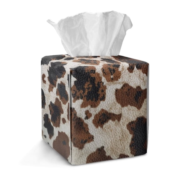 FKELYI Brown Cow Print Tissue Box Cover PU Leather Tissue Holder Squared Facial Paper Organizer Holder for Home Bedroom Living Room Tabletop Decor