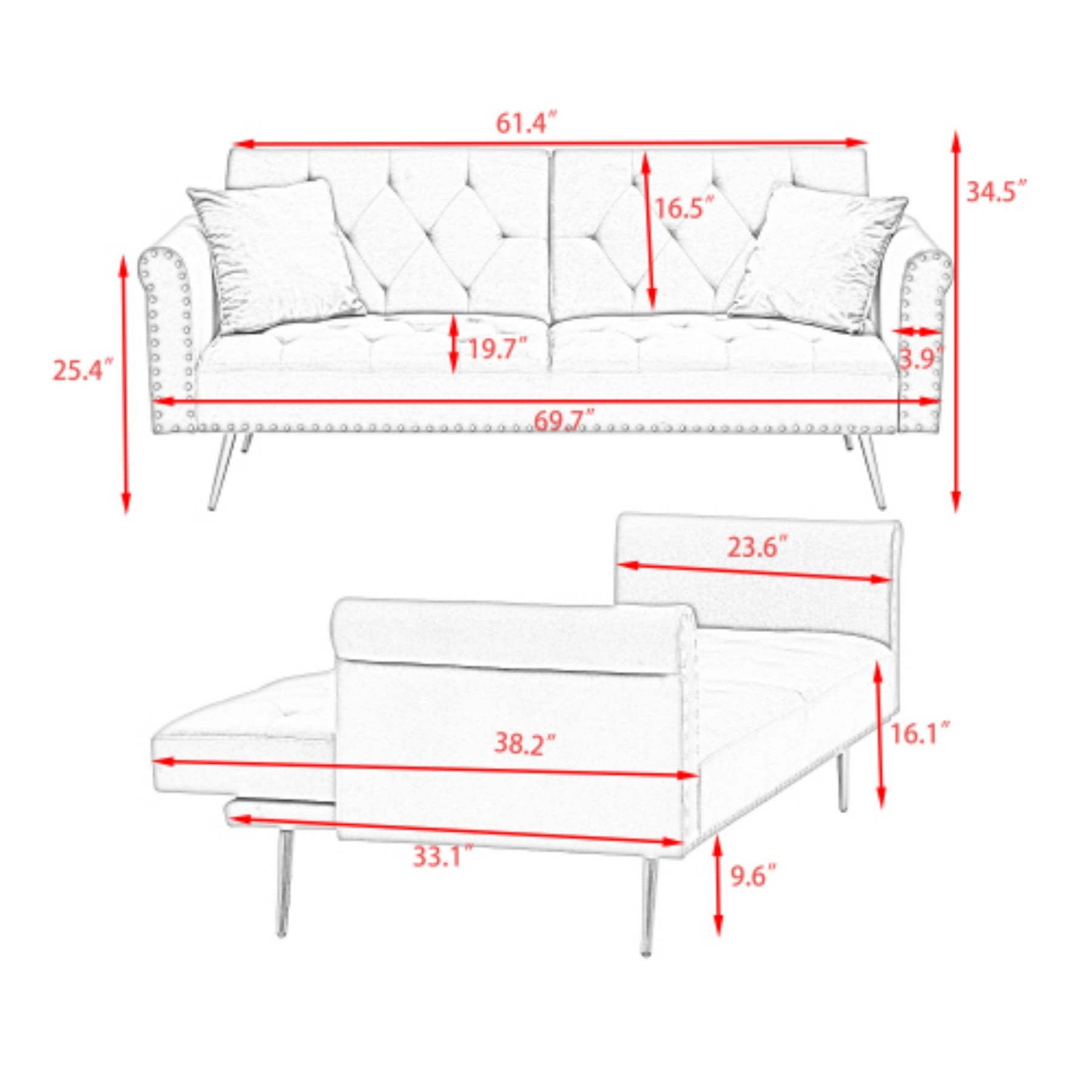 Velvet Sofa Bed, 69.7" Convertible Sleeper Sofa with Nailhead Trim & Pillow for Living Room Bedroom, Black