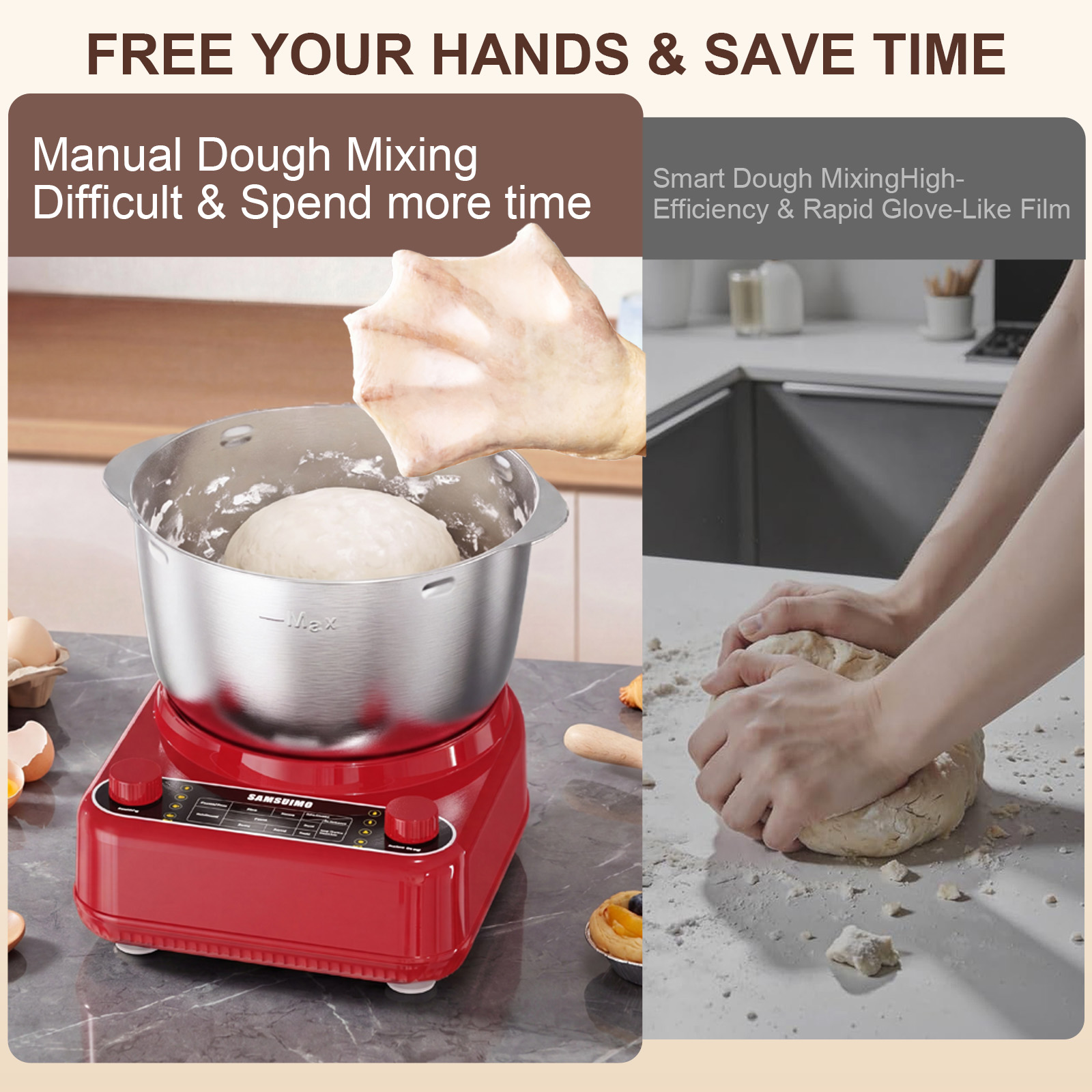 Batidora de masa eléctrica de 6.5QT con función de fermentación, máquina amasadora con bol de acero inoxidable 304, accesorios aptos para lavavajillas, tapa y perilla removibles, control, rojo imperial 6