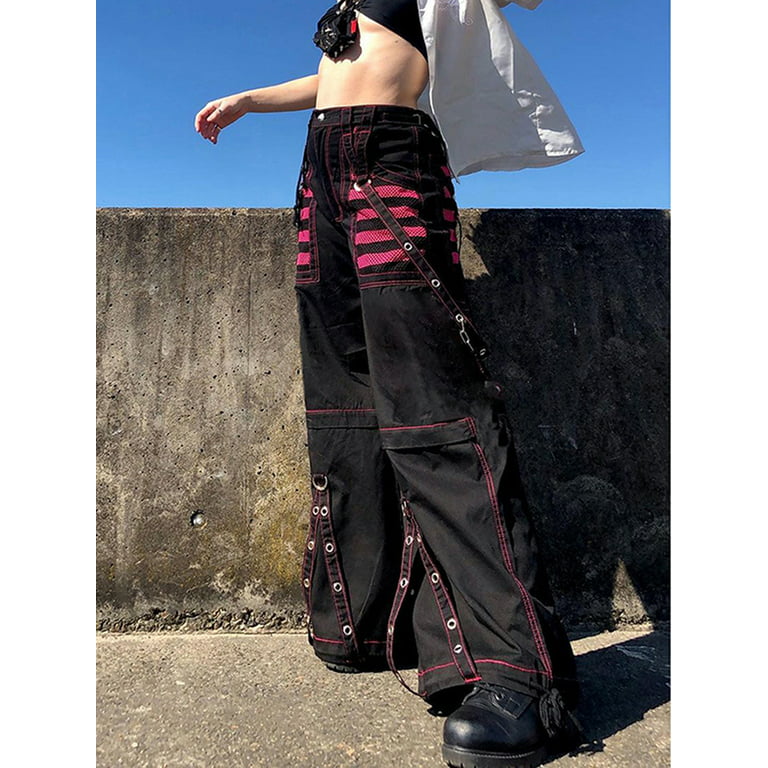 Womens Gothic Low Waist Y2K Cargo Pants with Pockets Vintage Wide Leg Baggy  Jeans E Girl 90s Casual Loose Trousers 