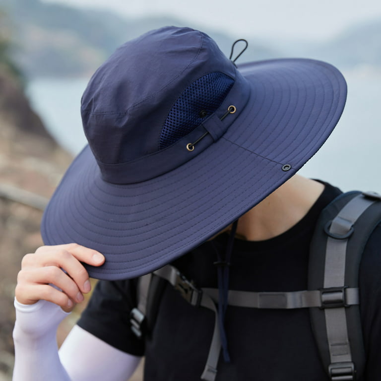 yuehao bucket hats men mountaineering fishing solid color hood rope outdoor  shade foldable casual breathable bucket hat navy