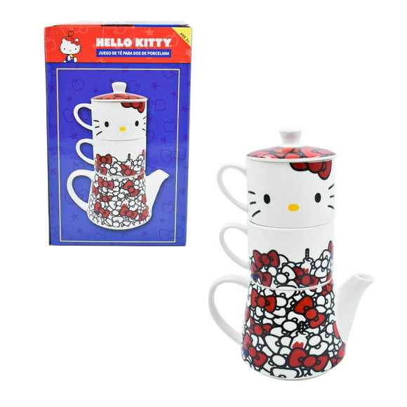 Set Juego Tetera con Tazas Apilables, Hecho de Porcelana 2 persona, Diseño Hello Kitty Sanrio, 4 Piezas con Caja de Regalo