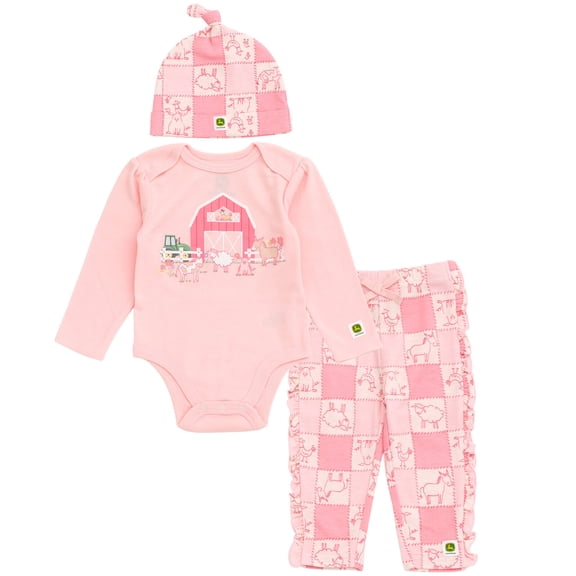 John Deere Farm Bodysuit, Pants and Hat 3 Piece Outfit Set Newborn to Infant
