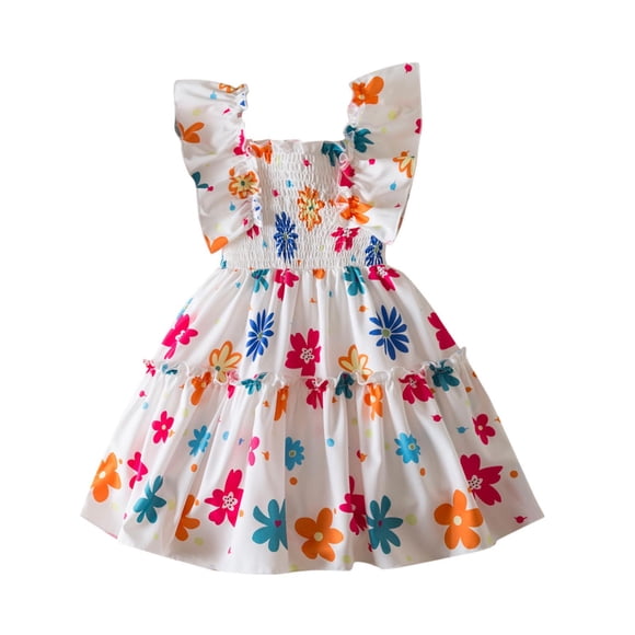 Odeerbi Niñas Verano Vestido Floral Con Volantes Manga Con Volantes Vestido de Princesa Sin Mangas Vacaciones En La Playa
