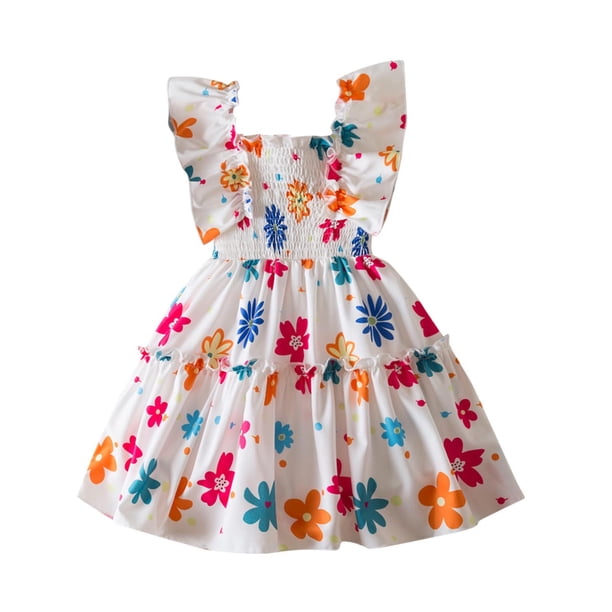 Odeerbi Niñas Verano Vestido Floral Con Volantes Manga Con Volantes Vestido de Princesa Sin Mangas Vacaciones En La Playa