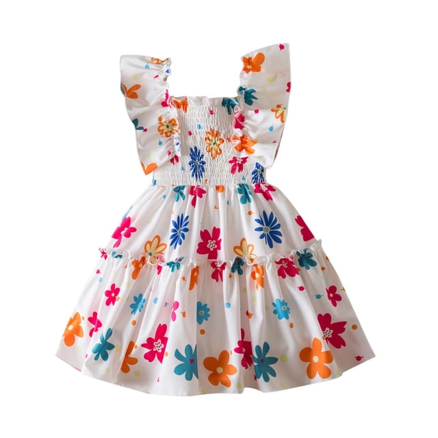 Odeerbi Niñas Verano Vestido Floral Con Volantes Manga Con Volantes Vestido de Princesa Sin Mangas Vacaciones En La Playa