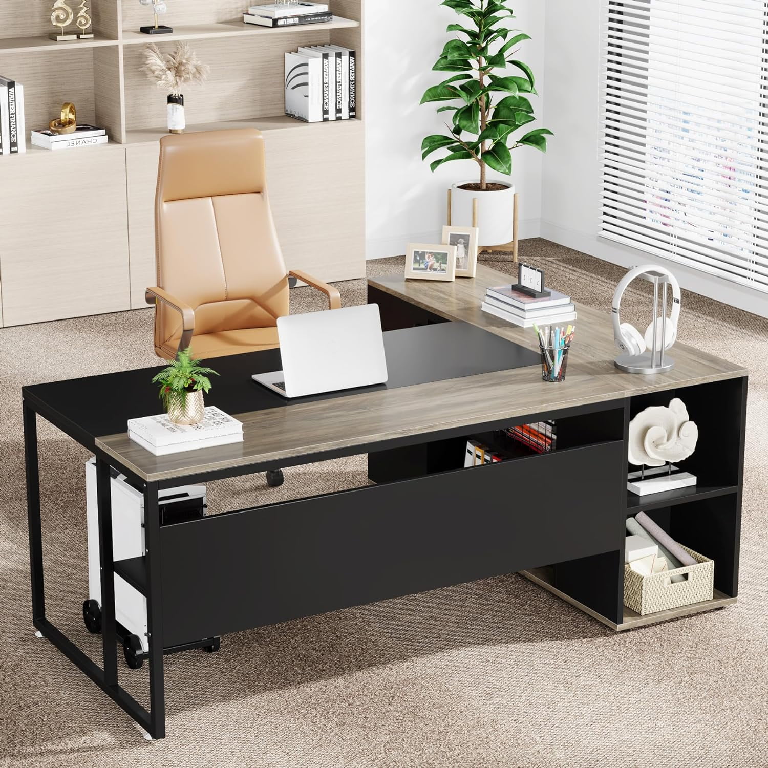 Tribesigns 71 inch L Shaped Executive Desk with Cabinet Storage, Rustic Brown Business Furniture Desk Workstation with Shelves for Home Office