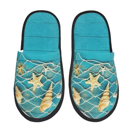 

Fuzoiu Seashells And Fishing Net On Blue Wooden Table Print Unisex Furry Slippers Plush Indoor Shoes Trendy House Slippers Anti-Skid EVA Sole House Shoes for Home Office and Travel -Medium