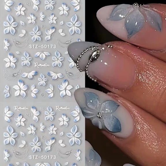 3pc Hibiscus Nail Art Stickers - Elegant Blue & White Floral Decals for Spring & Summer Nail Designs