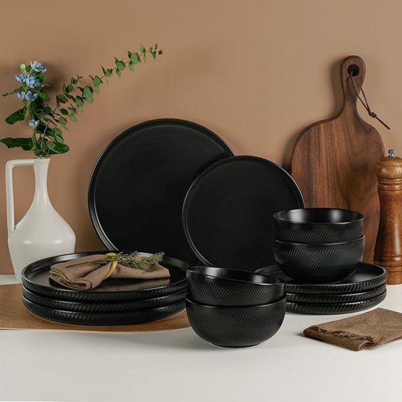 12pcs Stoneware Plates and Bowls Set, Black Dinnerware Sets for 4, Dishwasher and Microwave Safe Ceramic Dishes Set, Ribbed, Obsidian Night