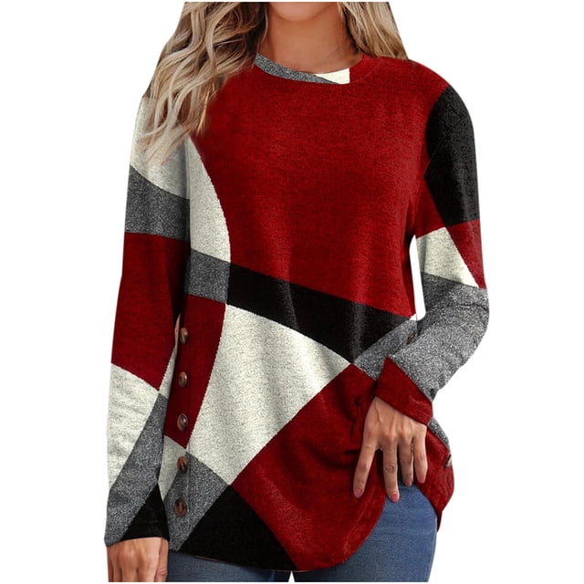 Jsaierl Hauts à Manches Longues pour Femmes 2024 Automne Hiver Col Rond Mode Blocs de Couleur Chemises Grande Taille Chaudes pour Sortir avec Boutons
