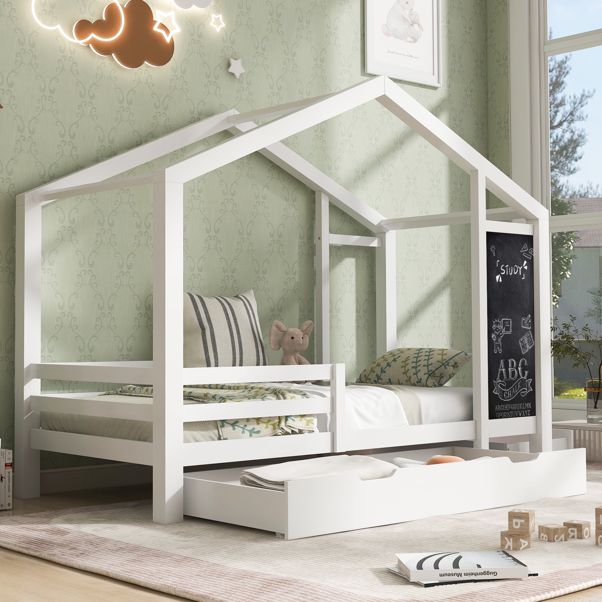 Bellemave Twin Size House Bed with Storage Drawers and Blackboard Playhouse Platform Bed with Guardrails and Wooden Slats Montessori Twin House Bed ,  Assembly Options, White