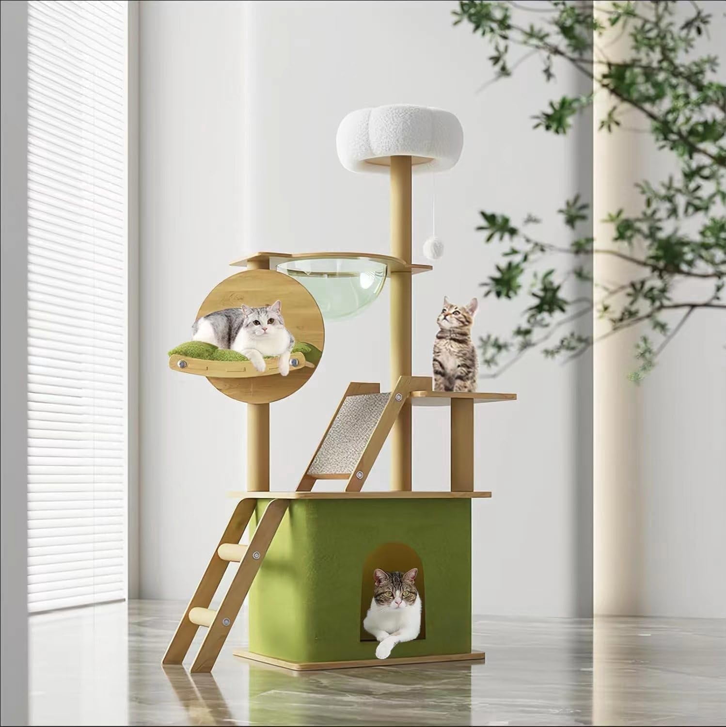 Mekidulu 59in Green Wood Cat Tree Tower, Modern Pet Furniture for Large Cats