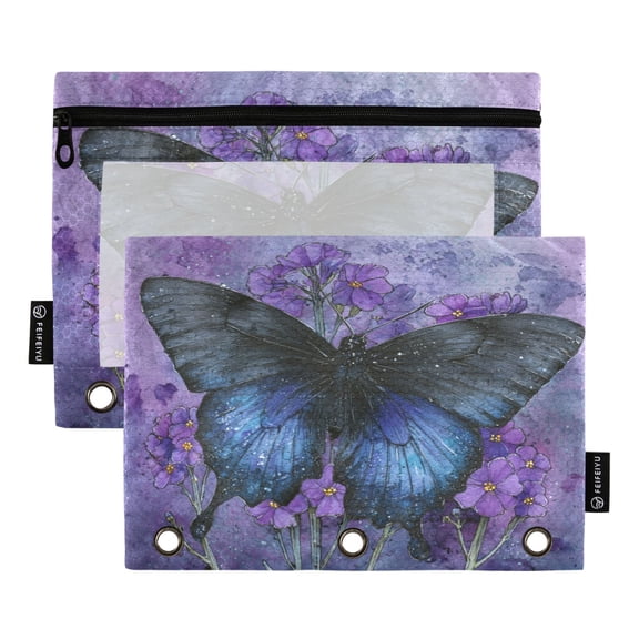 2 Pack 3 Ring Binder Pouch with Clear PVC Window Water Resistant Zipper Pencil Pouch Black Blue Butterfly Binder Pocket for Classroom Office Home Stationery Organization