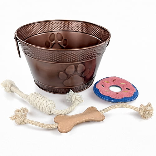 BREKX Home + Party Metal Dog Toy Box with 3 Dog Toys, For Aggressive Chewers, Bronze, Round & Paw