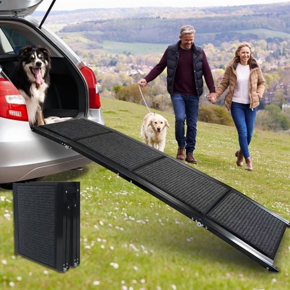 Dog Ramp for Car  63” Long & 17” Wide Folding Portable Pet Stair Ramp with Non-Slip Rug Surface  Extra Wide Dog Steps for Medium & Large Dogs Up to 250LBS Enter a Car  SUV & Truck