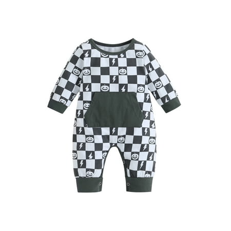 

Jamlynbo Baby Girl Boy Long Sleeve Jumpsuit Halloween Pumpkin Plaid Print Toddler Rompers for Newborn Infant Cute Clothes