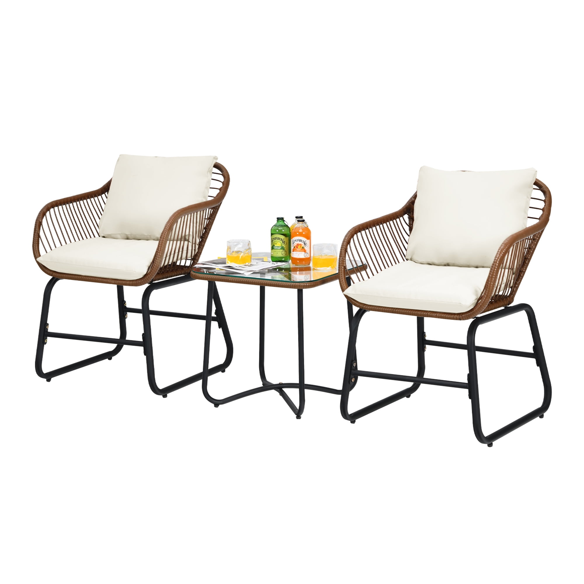 Gymax 3PCS Outdoor Bistro Set Patio Conversation Furniture Set w/ White Cushions