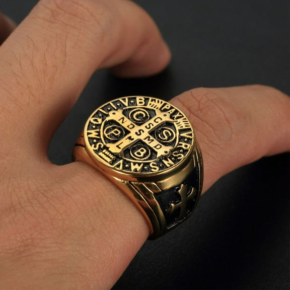 Lordluxury Christianity Jesus Exorcism Cross Ring 14k White Gold CSPB CSSML NDSMD Saint Benedict of Nursia Ring