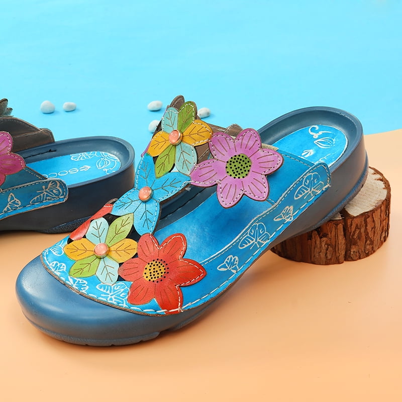 SOCOFY Women Summer Autumn Leather Splicing Retro Handmade Pattern Adjustable Loop Sandals Slip on Flats Beach Sandals Shoes for Female Ladies Size36-42/5-11(Blue,Grey) | Walmart Canada