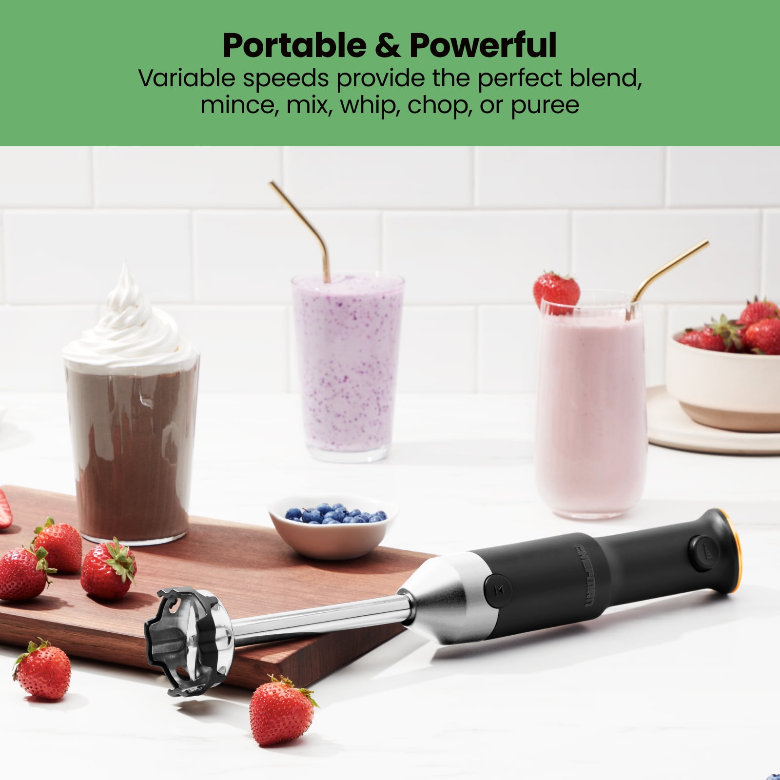 Chefman Cordless Immersion Blender, Variable Speed, Stainless Steel Blade, USB Charger - Black