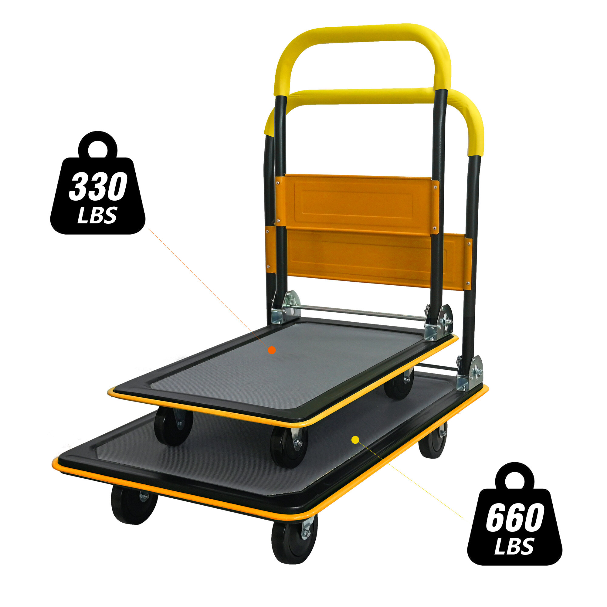 Dolly, Flatbed Cart, 330lbs Heavy Duty Capacity Platform Hand Truck 360 Degree Swivel Wheels Foldable Push Hand Cart for Loading and Storage, Warehouse-Yellow, Yellow Hand Truck,Furniture Dolly