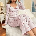thumbnail image 2 of FUNUONY Women Pajama Sets Two-Piece Nightwear Sleepwear Pj Lounge Sets Women Autumn Bow Print Long Sleeved Trousers. Fit Top and Pants Set Pink L, 2 of 3