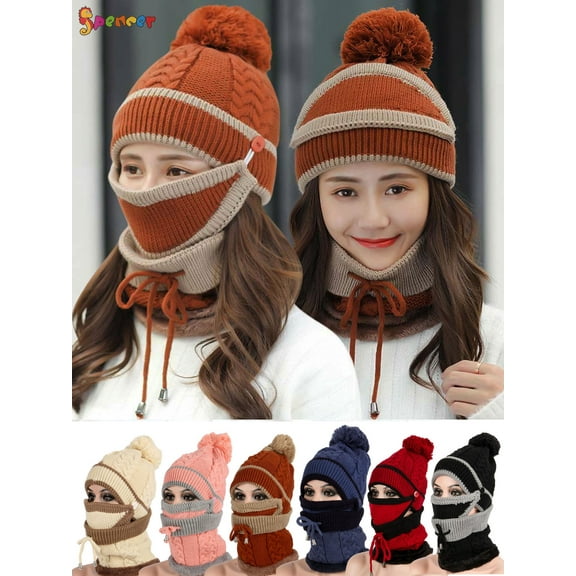 Spencer 3 in 1 Women Winter Warm Knitted Beanie Pompom Hat Cap Scarf Neck Warmer Face Cover Set for Outdoor Activities (Khaki)