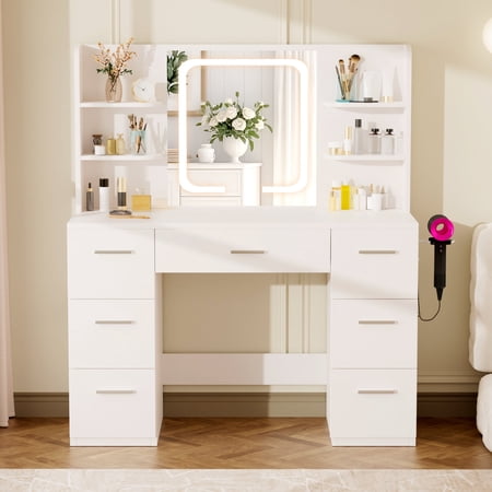 LIVELYGLOW Vanity Set with Smart LED Mirror, Makeup Vanity Desk with Power Outlet, Storage Drawers, Hairdryer Rack, Modern Dressing Table for Bedroom, White