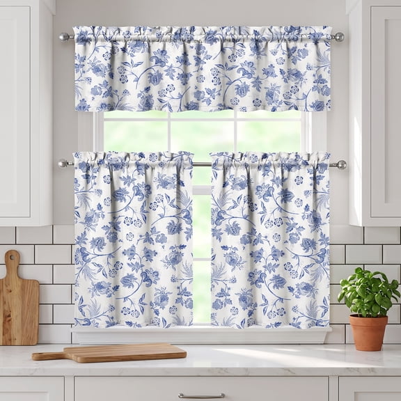 HUO Songmiao French Farmhouse Blue and White Floral Curtain Valance Set Curtains 36 Inch 3 Panels