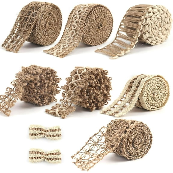 7 Rolls Burlap Ribbon, Natural Jute Ribbons Lace Mesh Wedding Trim Decor, for DIY Wrapping Gifts Holiday Party Decorations