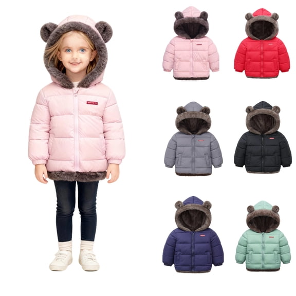 Toddler Winter Coat Boys Girls Fleece Jacket Bear Ear Hooded Warm Padded Outerwear Black 6-7Y