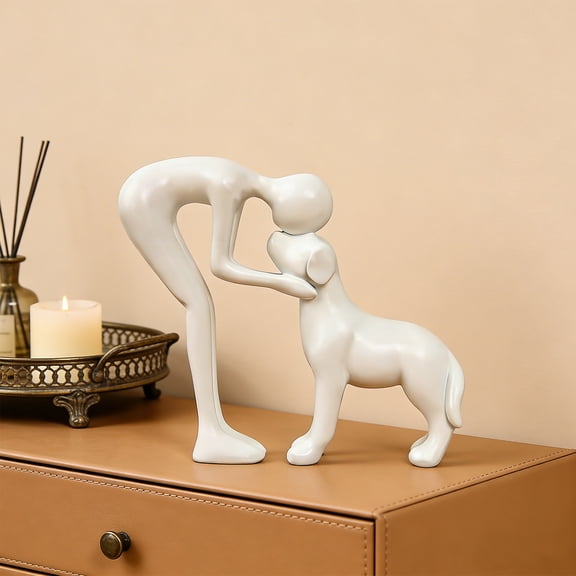 Gumesh Man and Dog Statue – Heartwarming Home Decoration Figurine, Pet Lover Memorial Gift, Resin Sculpture for Living Room Shelf, Office Desk, Tabletop,White